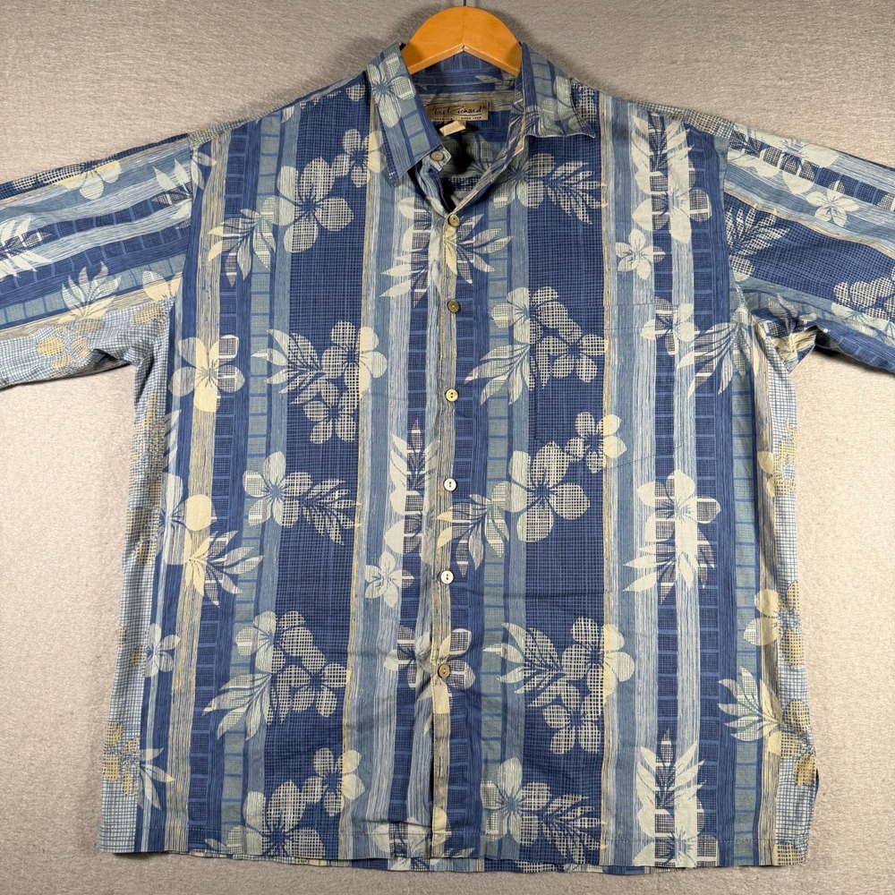 Tori Richard Mens Blue Floral Striped Cotton Lawn Hawaiian Shirt Large 019398